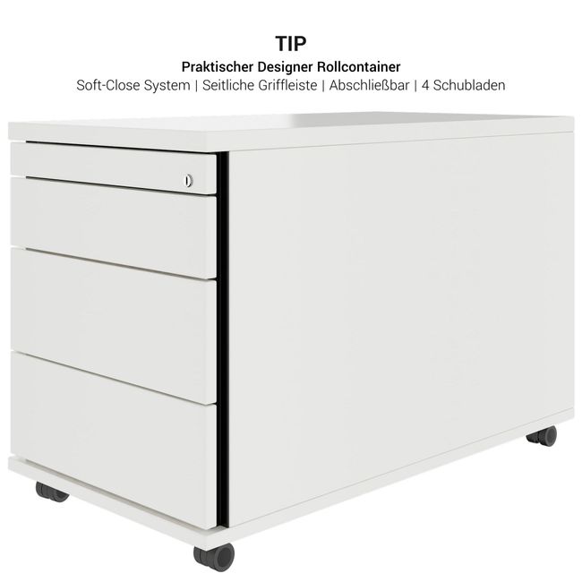 PRO Contenitore su ruote | profondità 800 mm, vano per minuteria, soft-close, bianco  - 7 Main Image