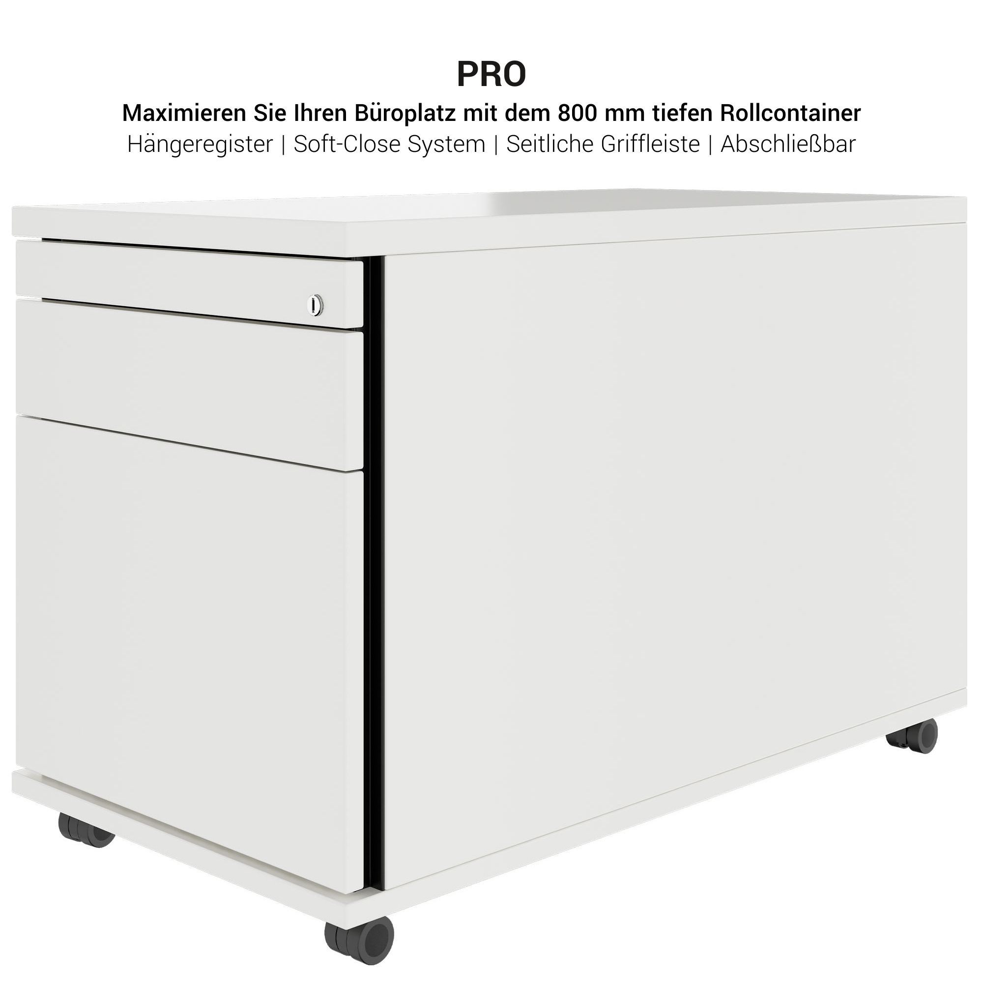 PRO Rollcontainer | 800 mm tief, Hängeregister, Kleinteilefach, Soft-Close, Weiß - 7 Main Image