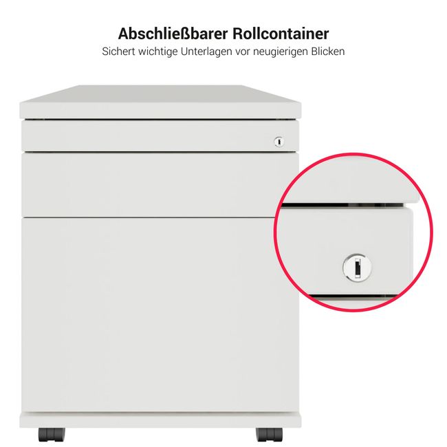 PRO Rollcontainer | 800 mm tief, Hängeregister, Kleinteilefach, Soft-Close, Weiß