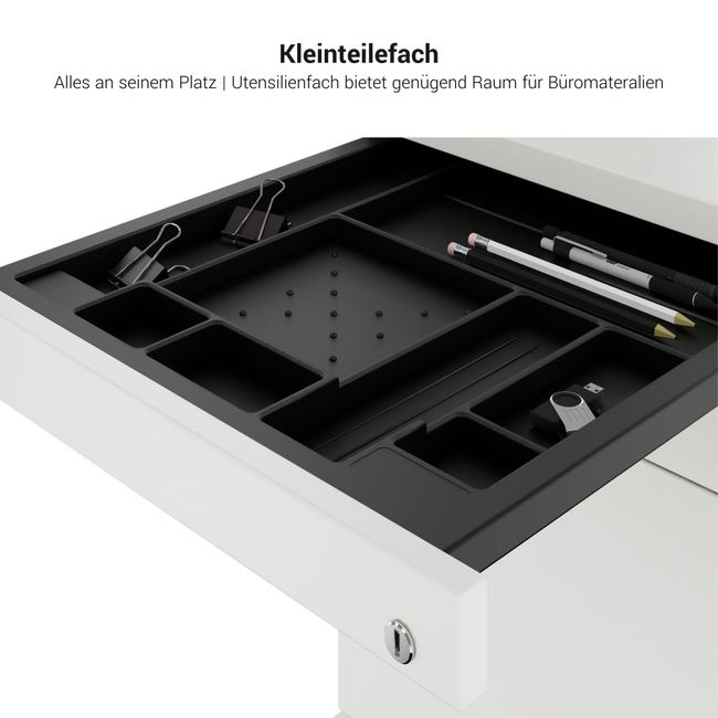 PRO Rollcontainer | 800 mm tief, Hängeregister, Kleinteilefach, Soft-Close, Weiß