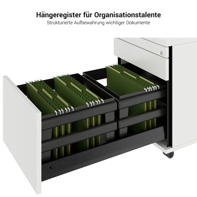 PRO Rollcontainer | 800 mm tief, Hängeregister, Kleinteilefach, Soft-Close, Weiß